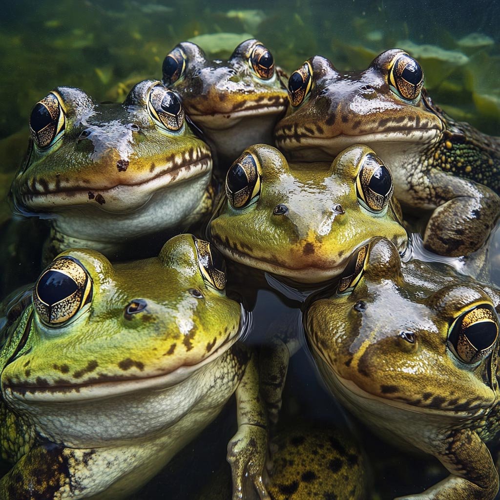Group of bullfrogs in their natural habitat