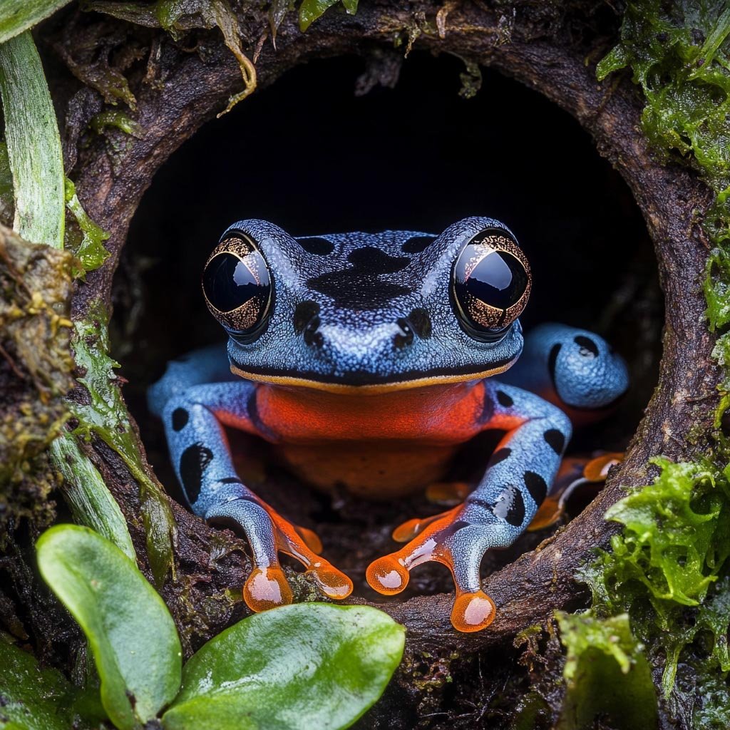Close-up of a poison dart frog's vibrant patterns